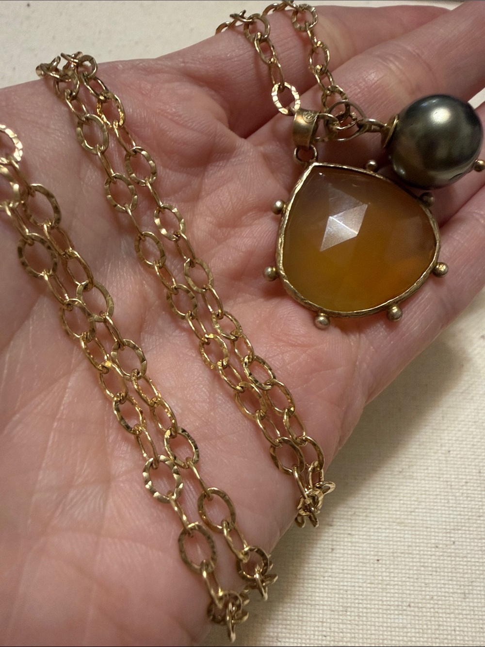 Sterling Silver925 Gold Chain Necklace W/Amber Teardrop Pendant&Dark Pearl 33.5’